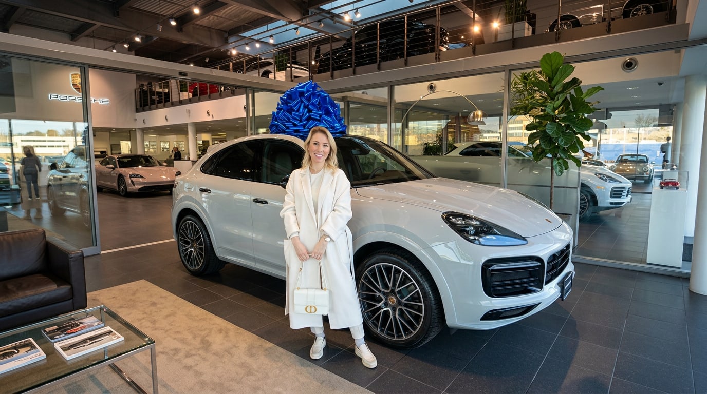 Modelo recebendo um carro de luxo de presente
